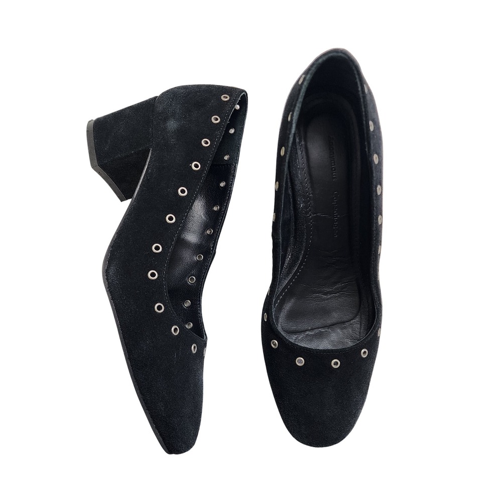 Anonymous Copenhagen Womens Grommet Eyelet Block‎ Heel Pumps Size 6 Black Suede